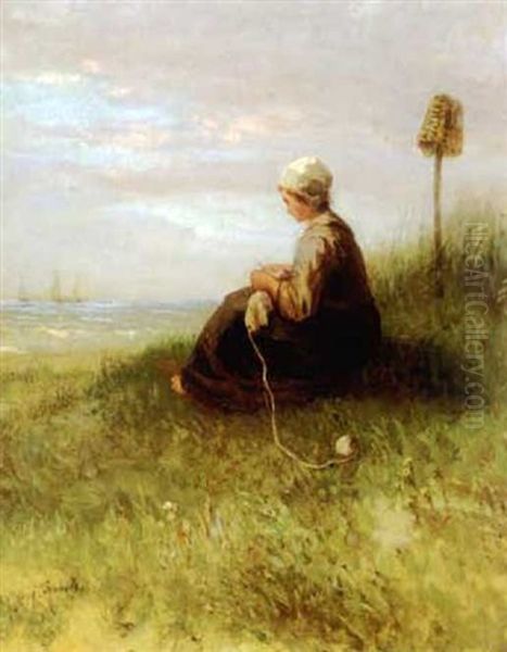 Girl Knitting In The Sand Dunes Looking Out To Sea - view 1