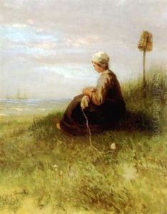 Girl Knitting In The Sand Dunes Looking Out To Sea by Jozef Israels