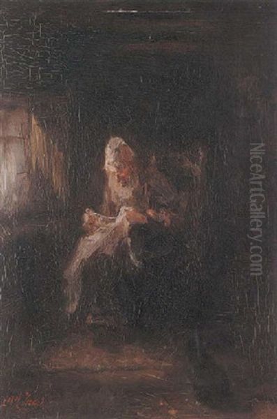 Old Woman Sewing - view 1