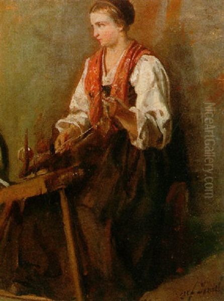 A Peasant Girl At A Spinning Wheel - view 1