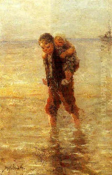 A Beach Scene With A Boy Carrying His Sister - view 1