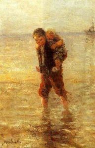 A Beach Scene With A Boy Carrying His Sister