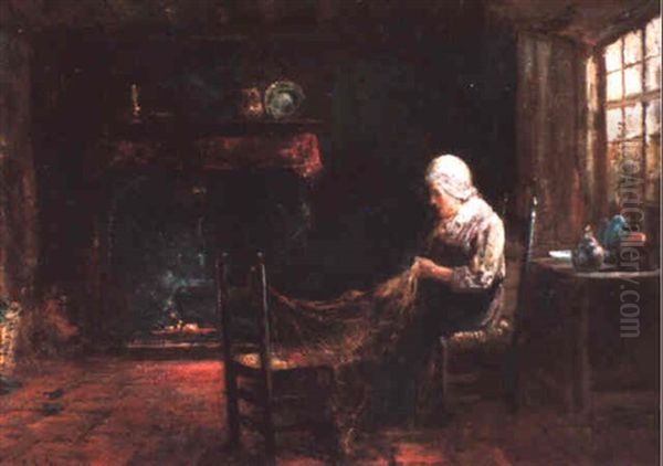 Old Woman Mending Fishing Net In Kitchen Interior - view 1