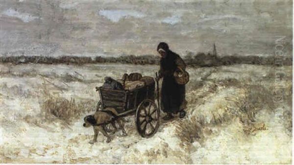 Old Woman With Handcart In A Wintry Landscape - view 1