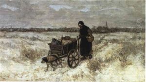 Old Woman With Handcart In A Wintry Landscape Old Woman With Handcart In A Wintry Landscape