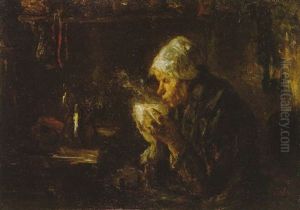 A Fisherwoman Drinking Coffee In A Cottage Interior by Jozef Israels