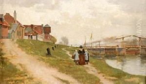 On Panelfigures By A River With Cottages And Lock by William H. Bartlett