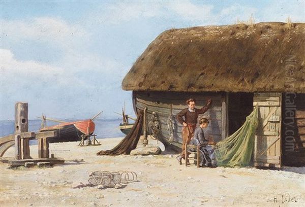 Fischerfamilie Am Strand; Junge Frau Flickt Netz - view 1