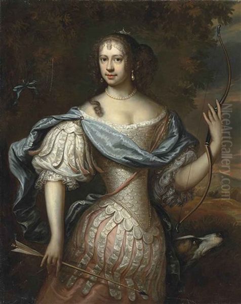 Portrait Of A Lady Frances Teresa Stewart, Duchess Of Richmond And Lennox (1647-1702)?), As Diana, Half-length, In A Dress Of Armour And A Blue Wrap, Holding A Bow And Arrow, A Dog By Her Side, In A Wooded Landscape - view 1