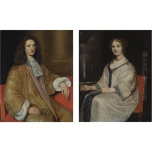 Portrait Of Van Teylinghe, Wearing A Beige Costume And A White Lace Scarf (+ Portrait Of His Wife, Wearing A Refined White And Blue Border Dress; Pair)