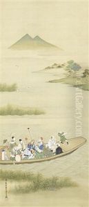 Untitled (a Disparate Group Of Travellers Including A Sarumawashi, A Shishimai Dancer, A Samurai, Pilgrims And Merrymakers Being Ferried Across The Marshlands) by Hanabusa Itcho