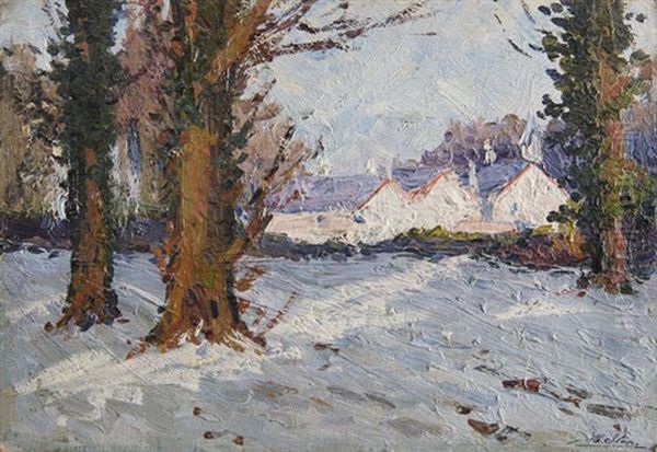 Snowy Landscape With Buildings' And 'a Wintry Wooded Lake Scene - view 1