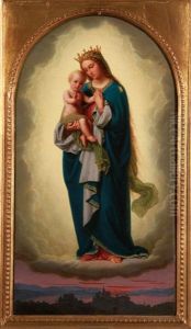 The Madonna And Child In Clouds Above A Small Village The Madonna And Child In Clouds Above A Small Village