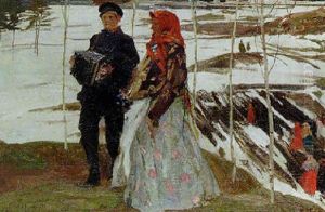 Couple In A Winter Landscape by Mikhail Filippovich Ivanov