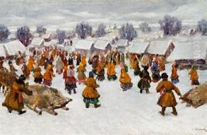 Streetlife Outside A Snow Clad Village by Sergei Ivanov
