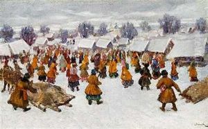 Folkeliv I Udkanten Af En Sneklaedt Landsby by Sergei Ivanov