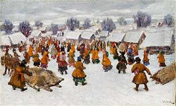 Scene Of Life Outside A Snow-covered Village In Relation To A Feast - view 1
