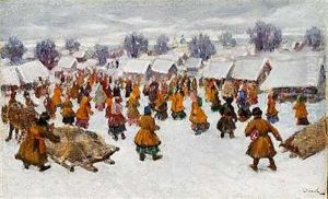 Scene Of Life Outside A Snow-covered Village In Relation To A Feast by Sergei Ivanov