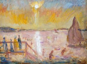 Sunset In Balaton With Sailors (balatonlelle) by Bela Ivanyi Gruenwald