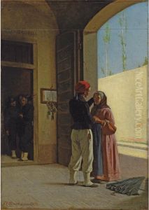 Le Retour Du Soldat [ ; The Return Of The Soldier ; Oil On Three Pieces Of Panel ; Signed And Dated Lower Left Ce Bartolena 1874]