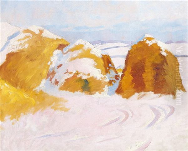 Snowy Sunlit Haystacks - view 1