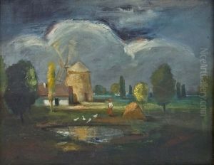 Rural Landscape With Windmill by Bela Ivanyi Gruenwald