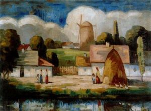 Dorflandschaft Mit Windmuhle Und Figurenstaffage by Bela Ivanyi Gruenwald
