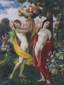 Zwei Grazien Mit Blumenkorb