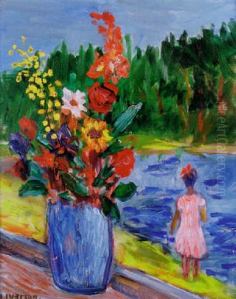 Sommarutsikt Med Flicka Vid Vatten Och Angsblommer I Vas - view 1