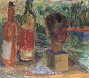 Stilleben Med Flaskor Och Statyett by Ivan Ivarson
