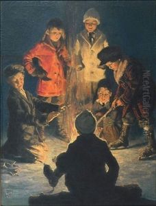 Children Around A Campfire At Edge Of Frozen Pond (illus. For Saturday Evening Post) by Eugene Iverd