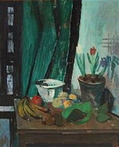 Still Life With Fruit And Tulips On The Table by Kraesten Iversen