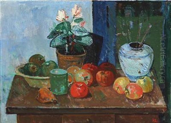Still Life With A Potted Plant, Fruit And A Bojan On A Table - view 1