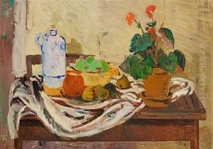 Nature Morte. Et Bord Med Frugt, Potteplante Og Keramik