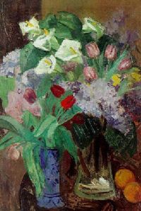 Opstilling Med Blomster I Vase Og Oranger Opstilling Med Blomster I Vase Og Oranger