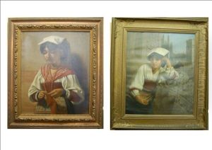 Portrait Of An Italian Girl Knitting (+ Portrait Of An Italian Girl Seated Upon A Balcony; 2 Works) by Lewis Thomas Ives