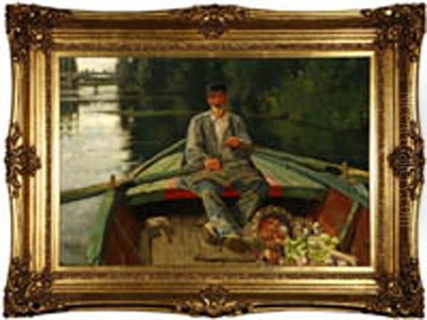 Man Rowing Along A French River - view 1