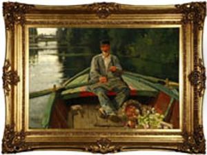 Man Rowing Along A French River Man Rowing Along A French River