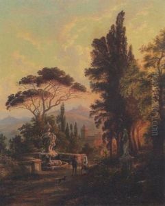 Sudliche Landschaft Mit Brunnen Und Figurengruppe Im Abendlicht