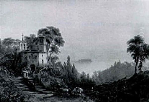 A Monastry On A Hilltop In A Mountainous Landscape, A Lake Beyond - view 1