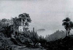 A Monastry On A Hilltop In A Mountainous Landscape, A Lake Beyond