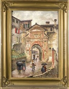 Ansicht Der Norditalienischen Stadt Belluno Mit Blick Auf Ein Altes Stadttor Mit Figurenstaffage Ansicht Der Norditalienischen Stadt Belluno Mit Blick Auf Ein Altes Stadttor Mit Figurenstaffage