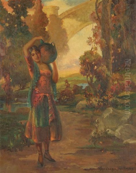 A Spanish Woman Carrying Water Jug - view 1