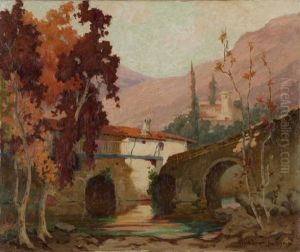 Hillside Houses In An Autumn Landscape by Oscar Theodore Jackman