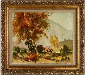 A Figure With Donkeys Under A Sycamore Tree by Oscar Theodore Jackman