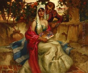 A Courtesan And Woman Sitting In A Courtyard