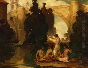 Nude Arcadian Women Dancing And Playing Music by Oscar Theodore Jackman