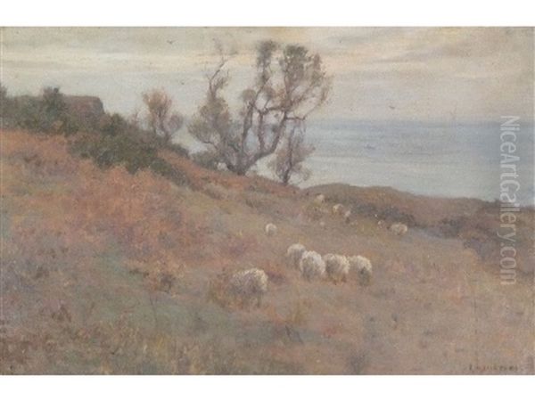 Sea View, Possibly Runswick Bay, With Cottage And Trees, Sheep In The Foreground - view 1