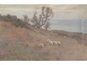 Sea View, Possibly Runswick Bay, With Cottage And Trees, Sheep In The Foreground by Frederick William Jackson