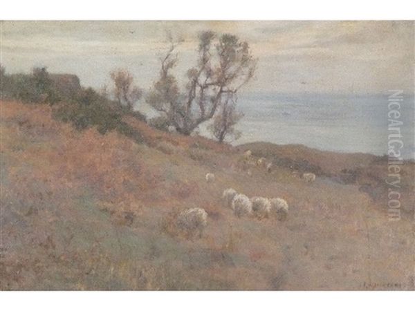 Sea View, Runswick Bay?, With Cottage And Trees, Sheep In The Foreground - view 1